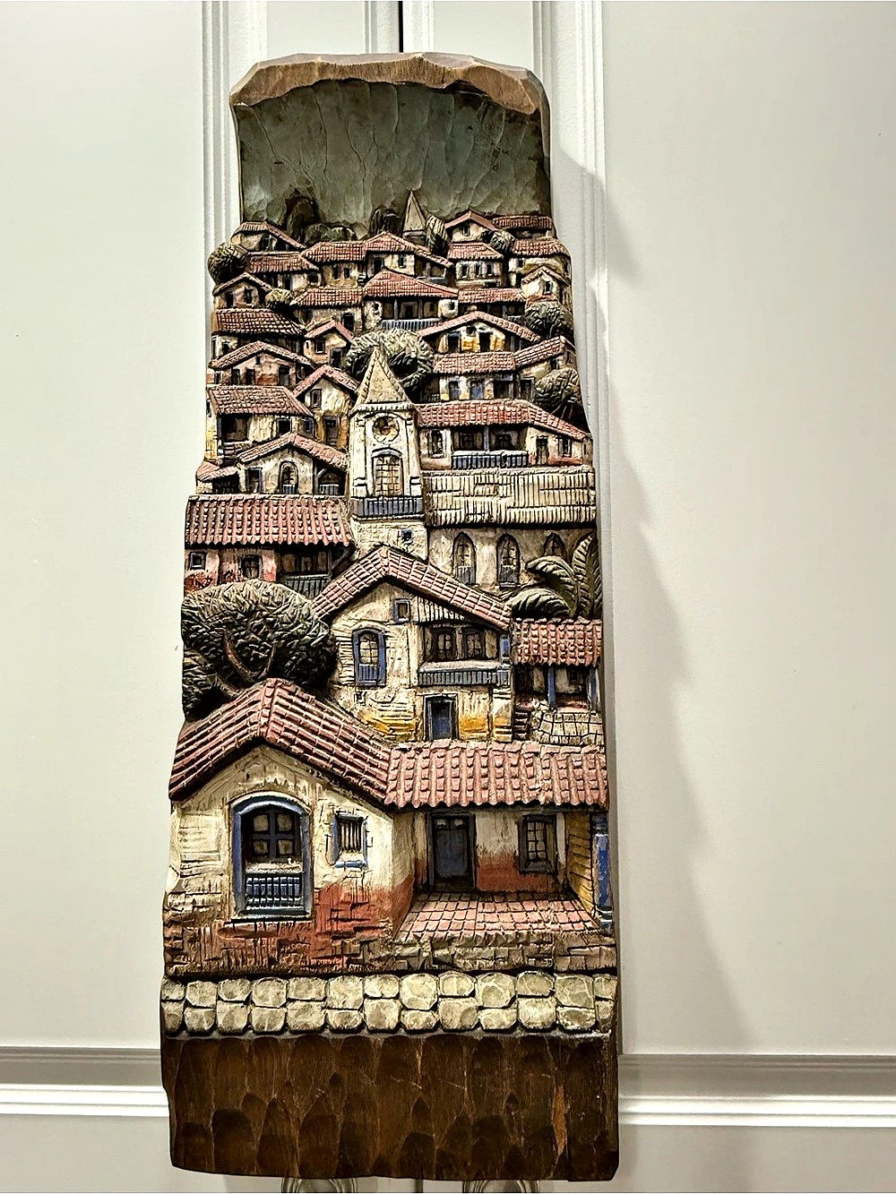 Hand-Carved Village Wall Sculpture Brown